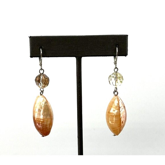 Peach Dyed Double Shell Bead Dangle Pierced Earrings 2.5" - Picture 4 of 9